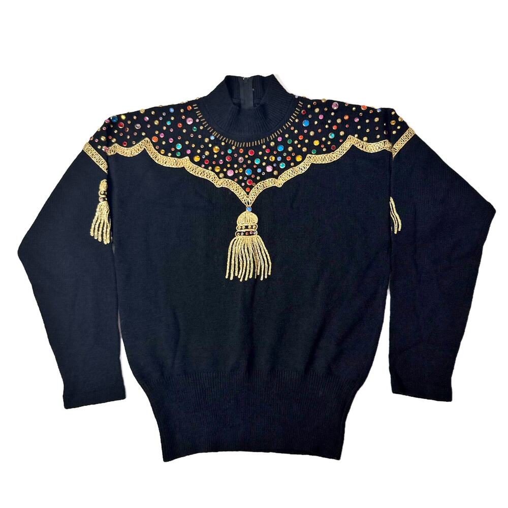 Vintage 80s Antonella Preve NY Gold Tassel + Studs + Rhinestone Sweater Medium - Picture 6 of 16